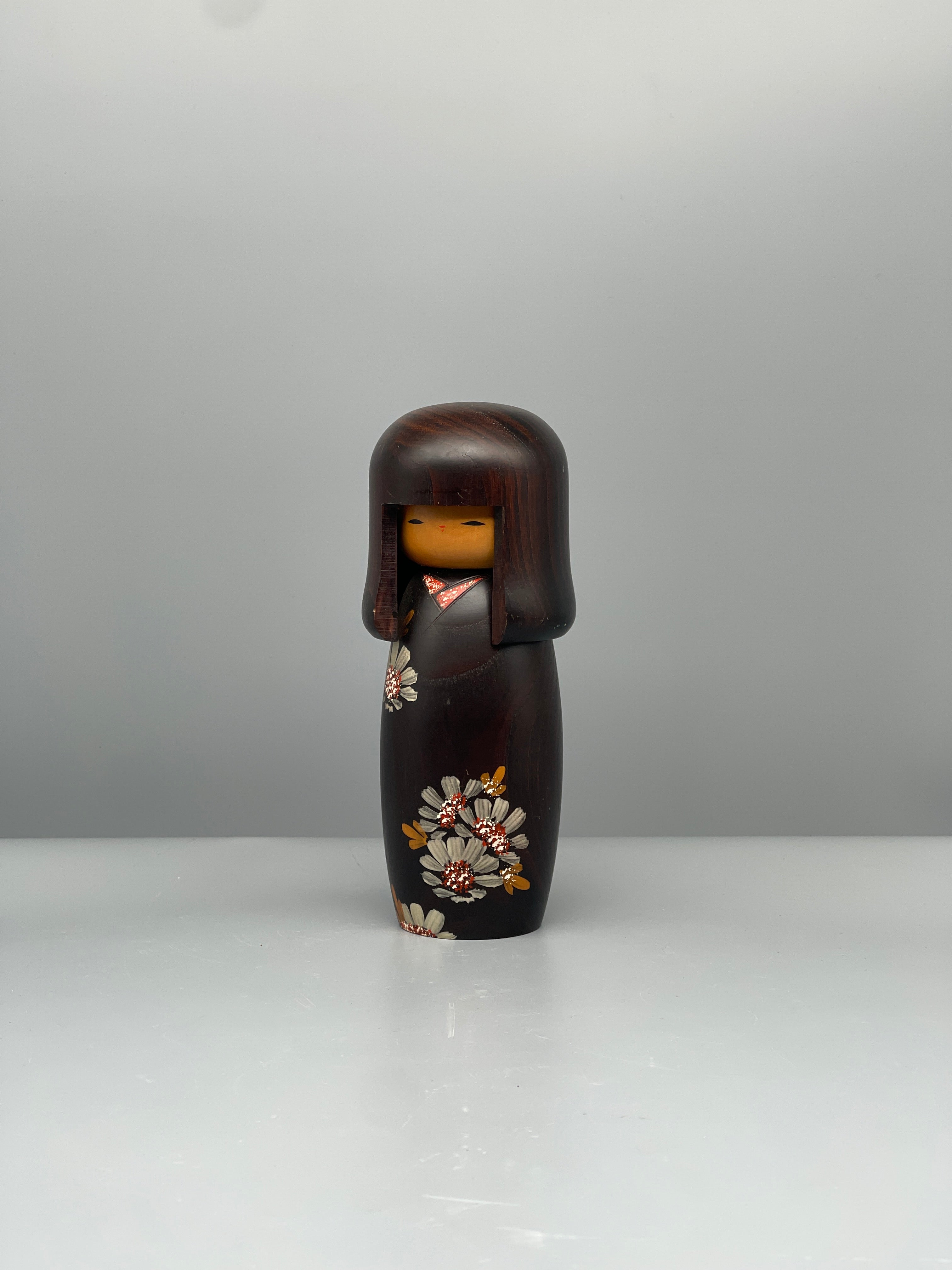 Vintage Japanese Sosaku Kokeshi Doll, Chrysanthemum Motif
