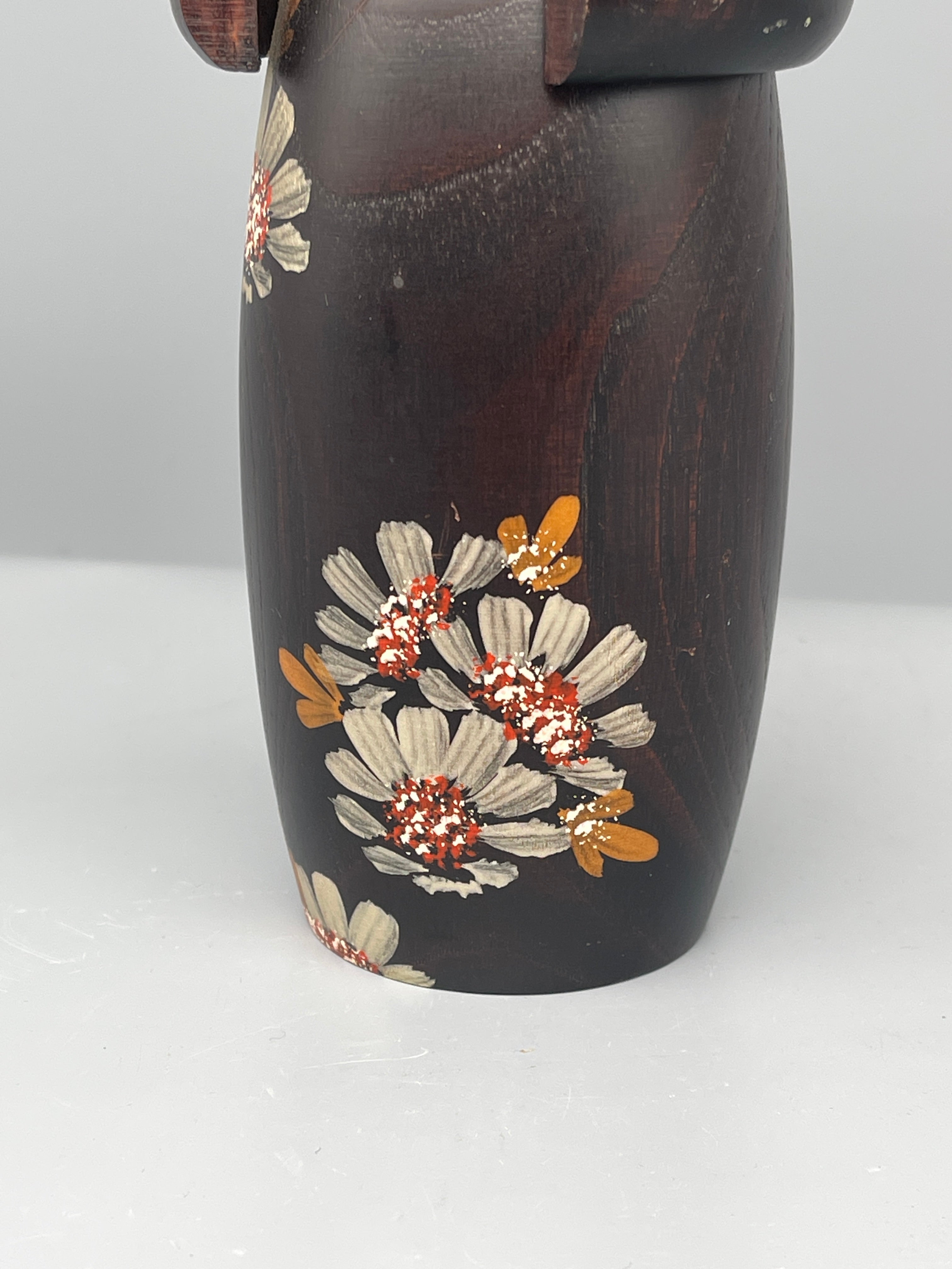 Vintage Japanese Sosaku Kokeshi Doll, Chrysanthemum Motif