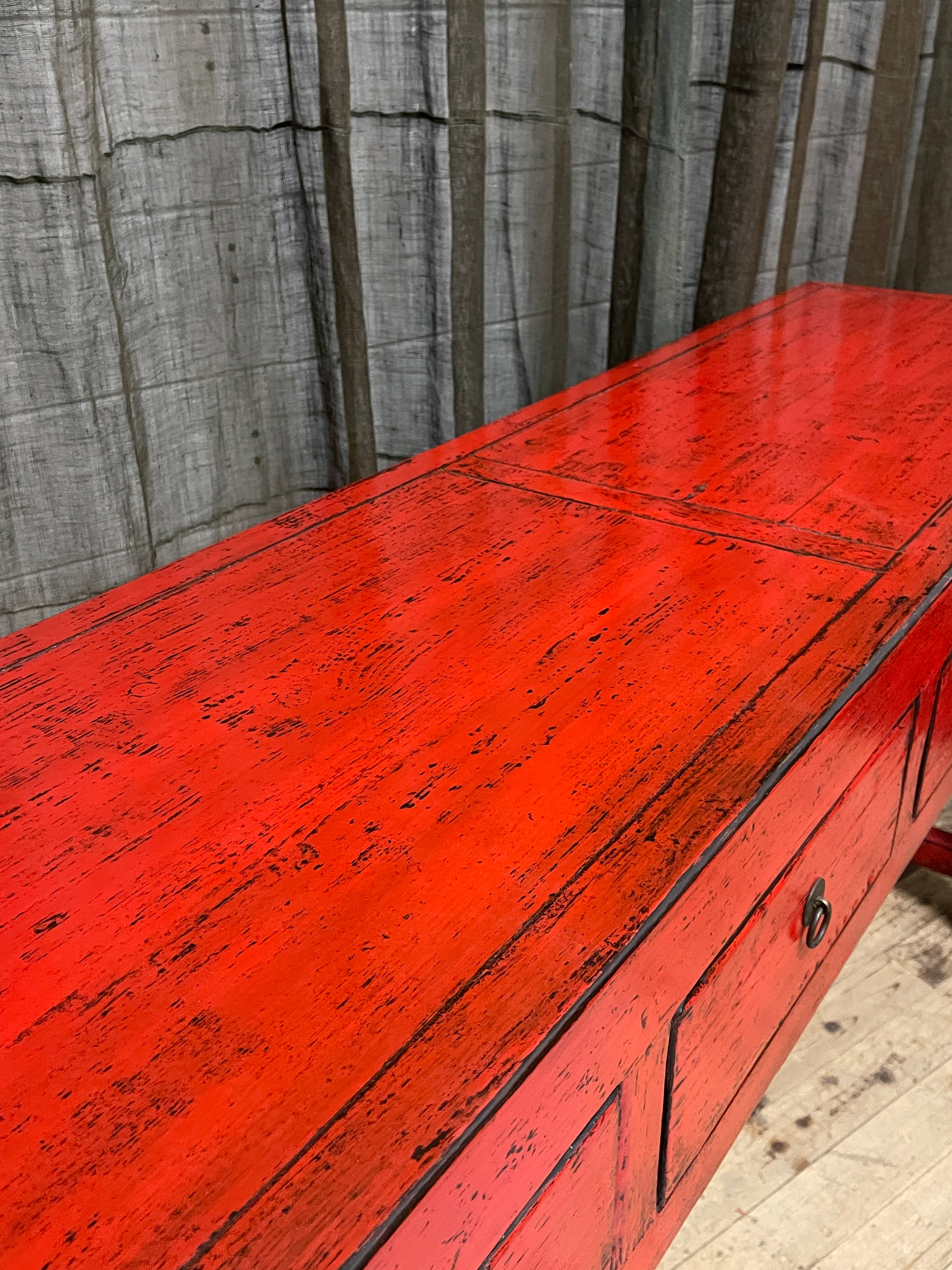 Chinese Red Lacquered 4-Drawer Hall Table