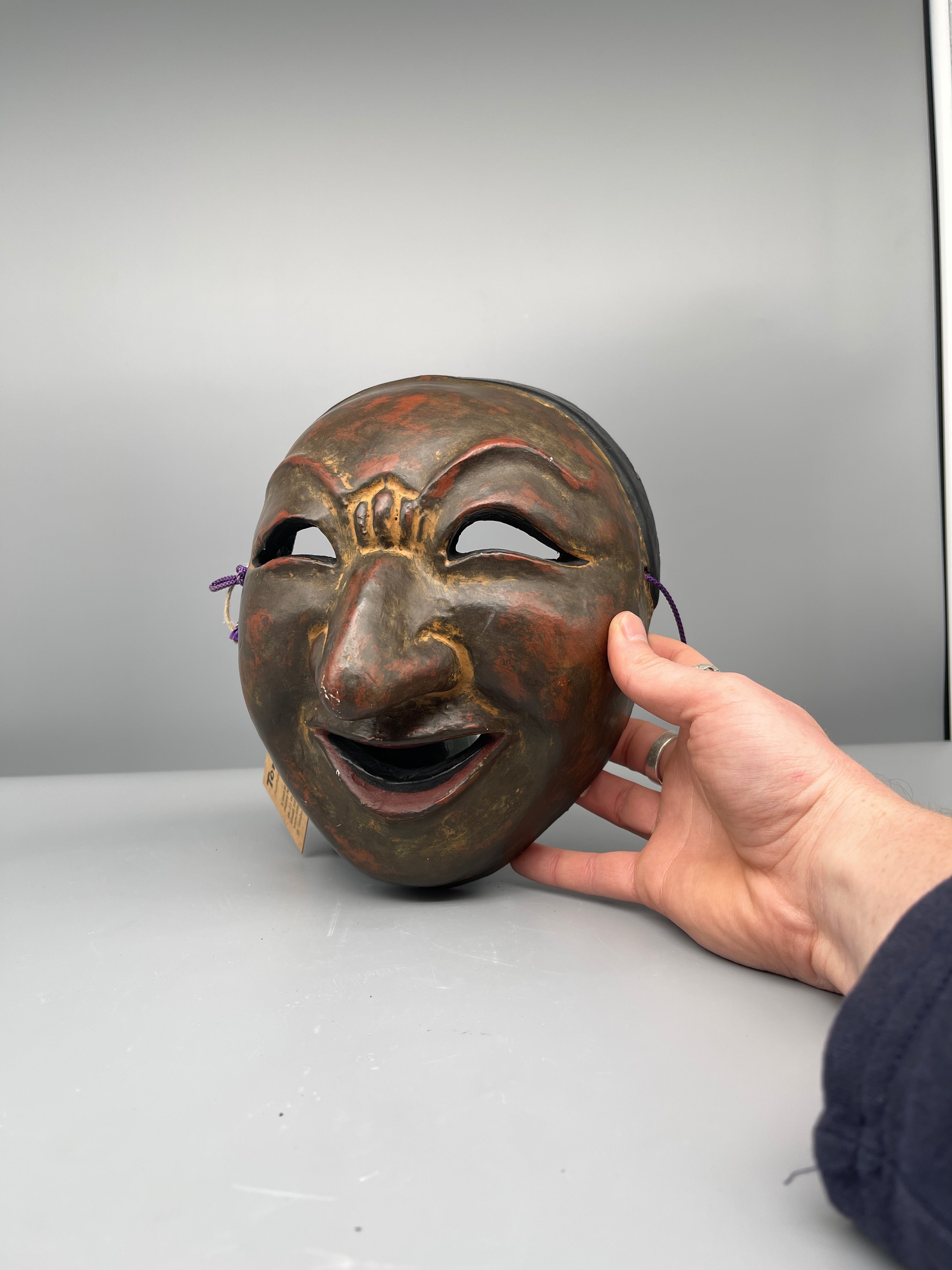 Vintage Japanese Bugaku mask, Jikyū, angle view