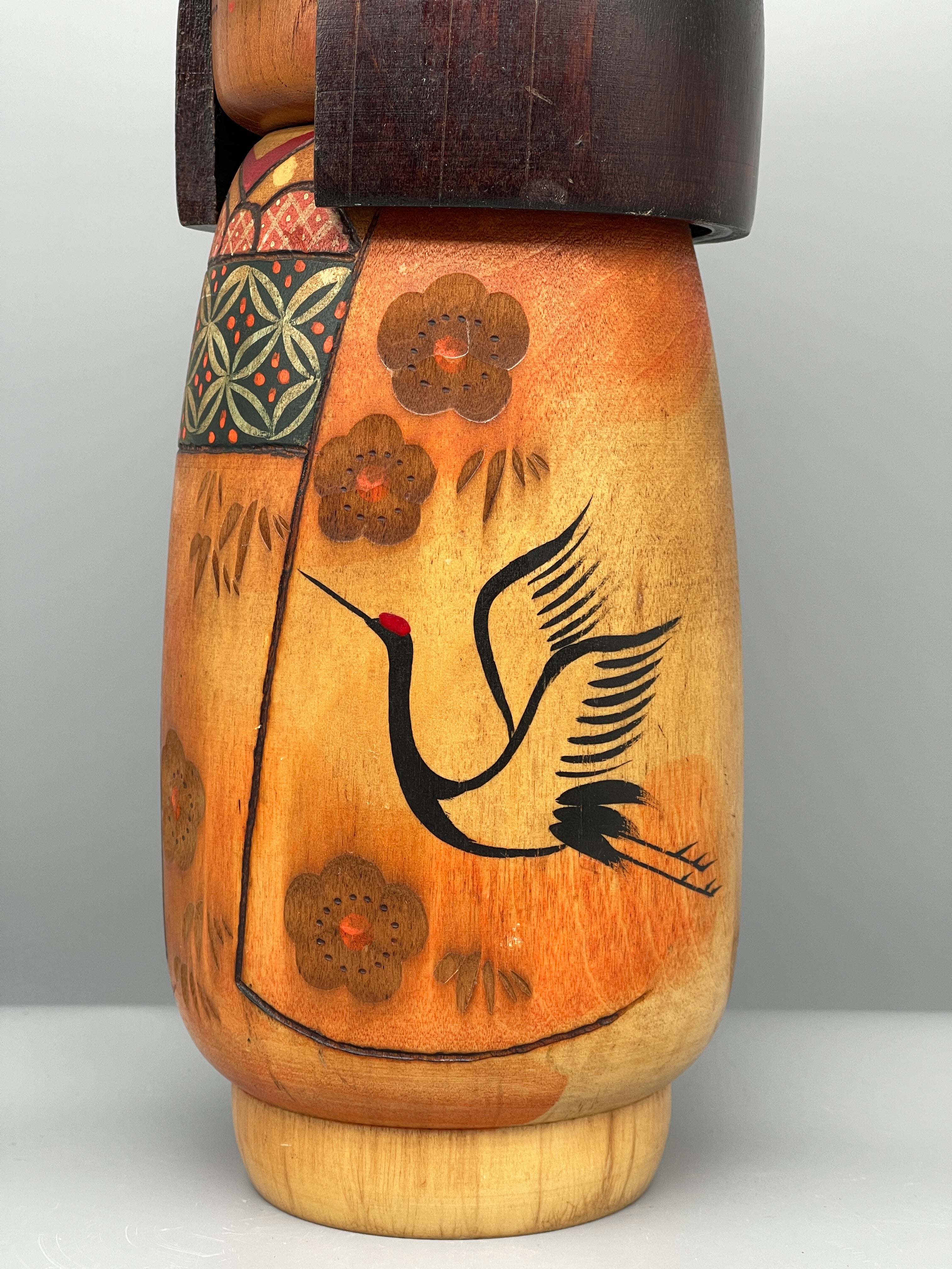 Vintage Japanese Sosaku Kokeshi Doll, Crane Motif