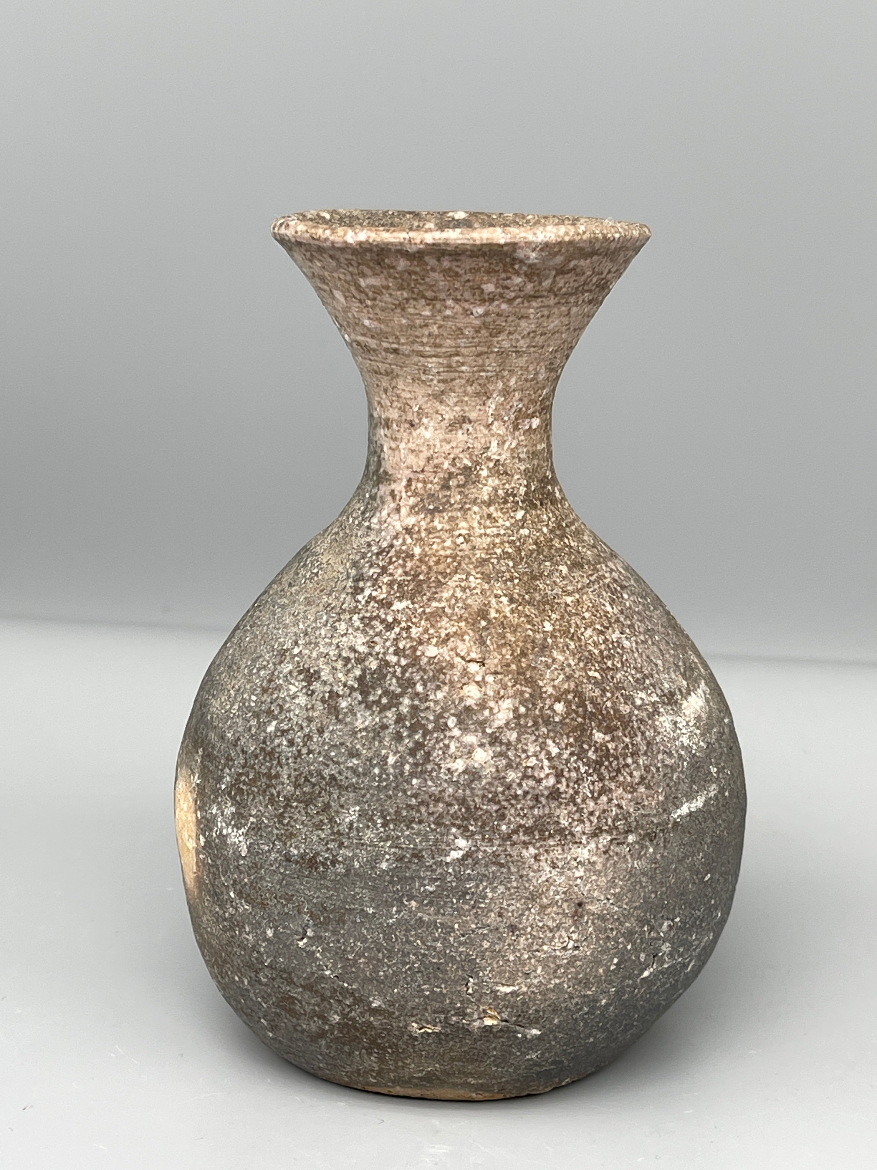 Vintage Japanese bizen flask, grey ash glaze, wide view