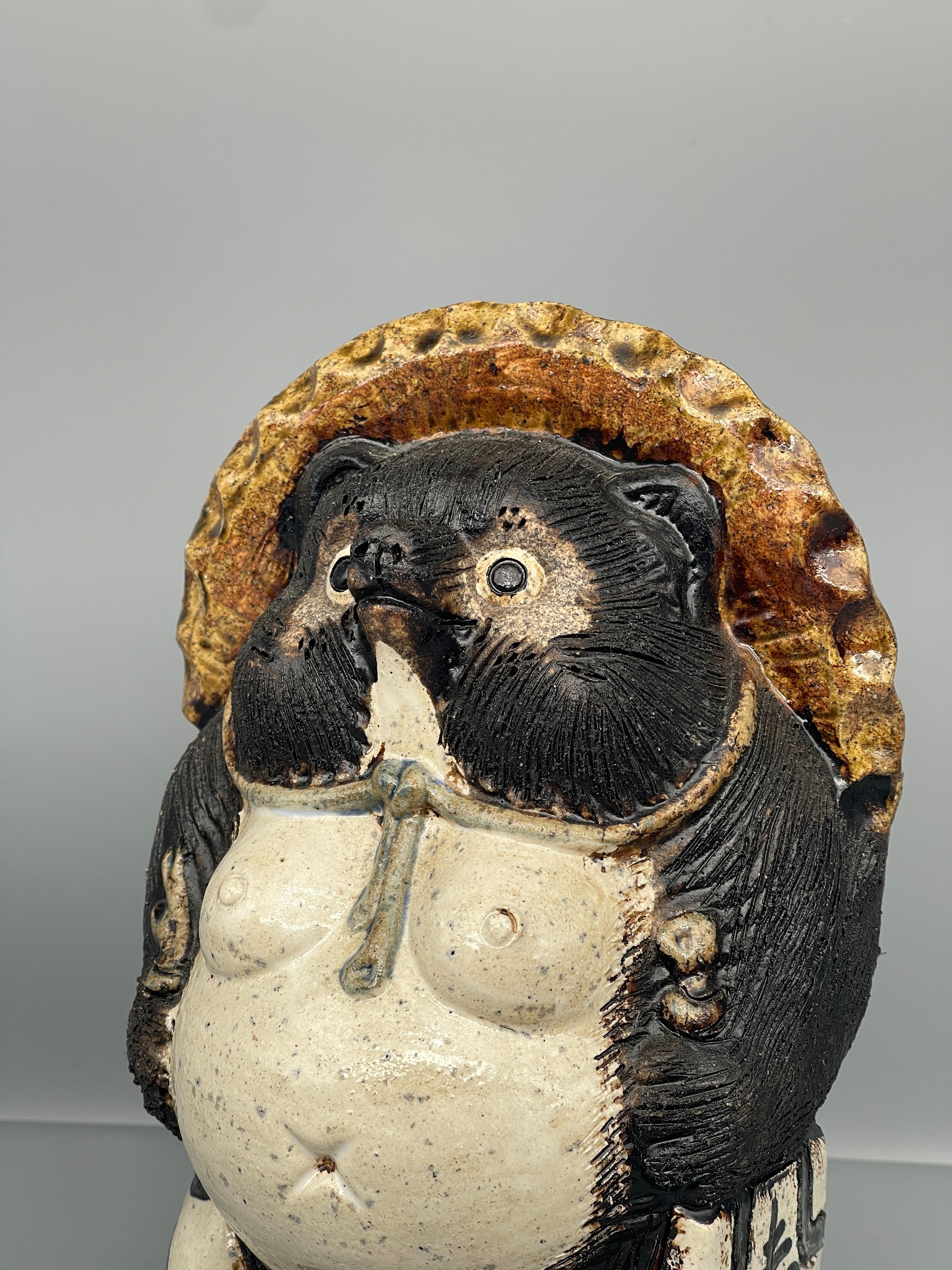 Vintage Japanese Ceramic Tanuki Statue, Black & Cream