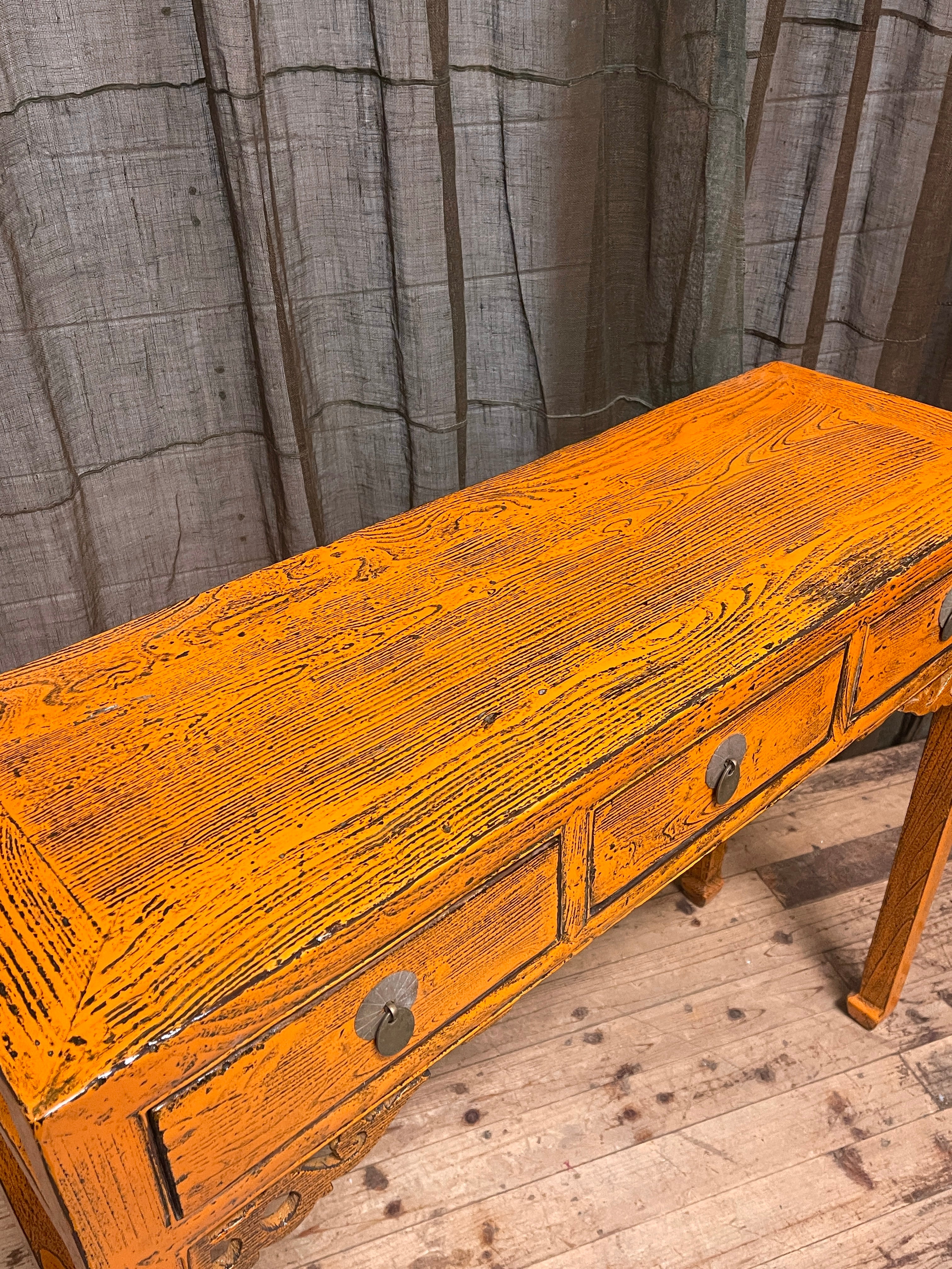 Antique Chinese Yellow Lacquered 3-Drawer Hall Table - Gansu, 1920s