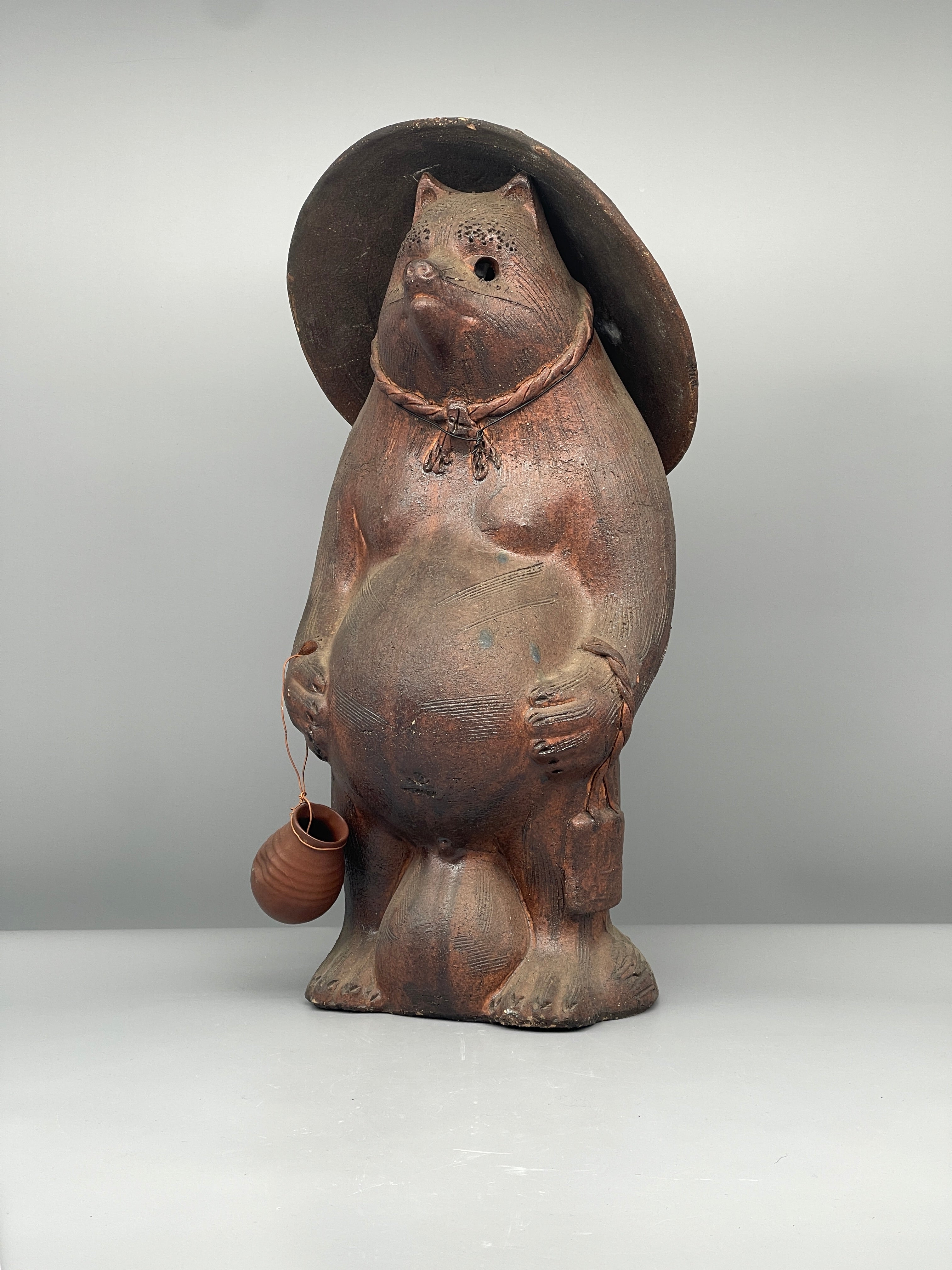 Large Vintage Japanese Ceramic Tanuki Statue, Copper Glaze