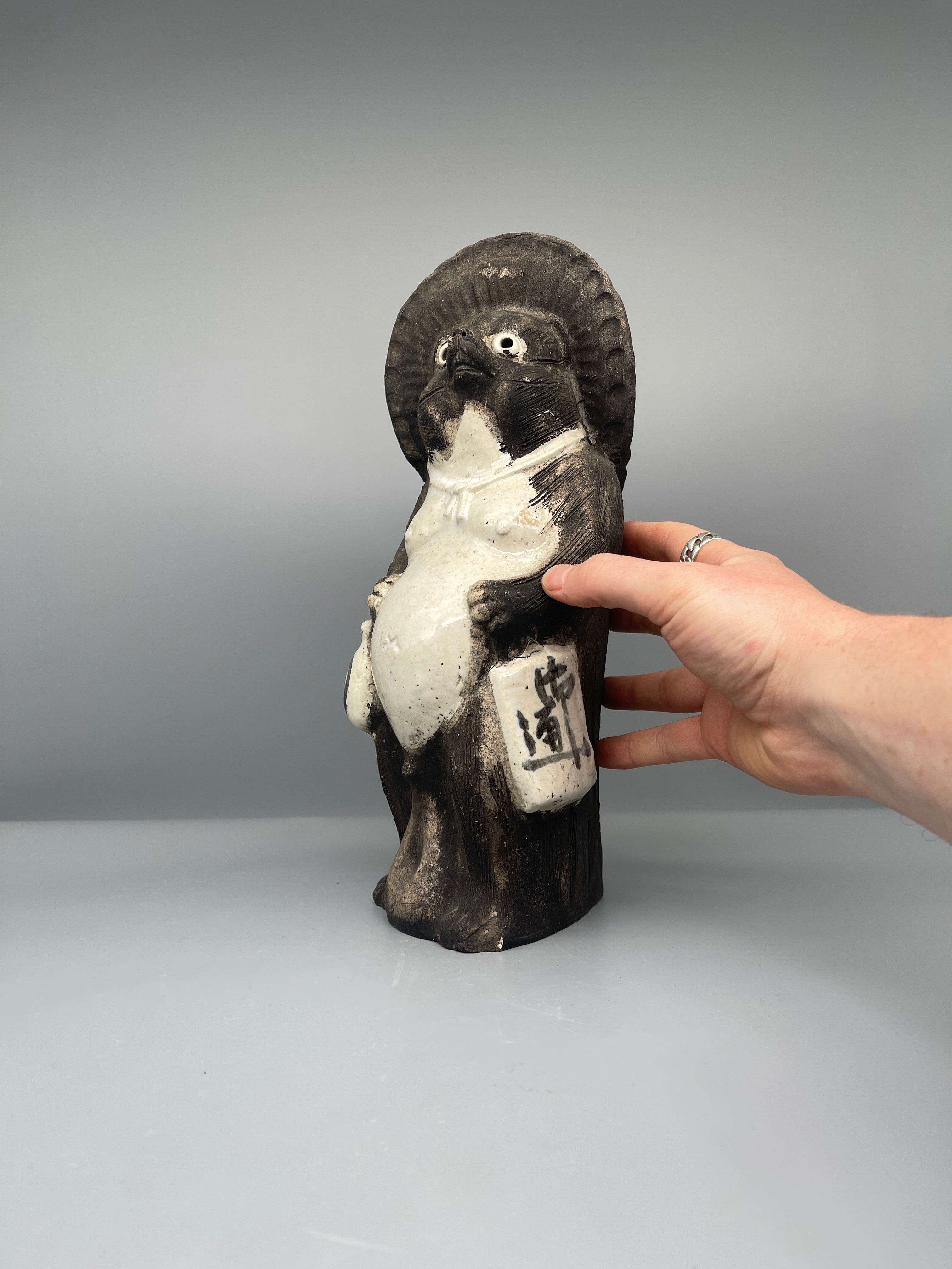 Tall Vintage Japanese Ceramic Tanuki Statue, Black & Cream