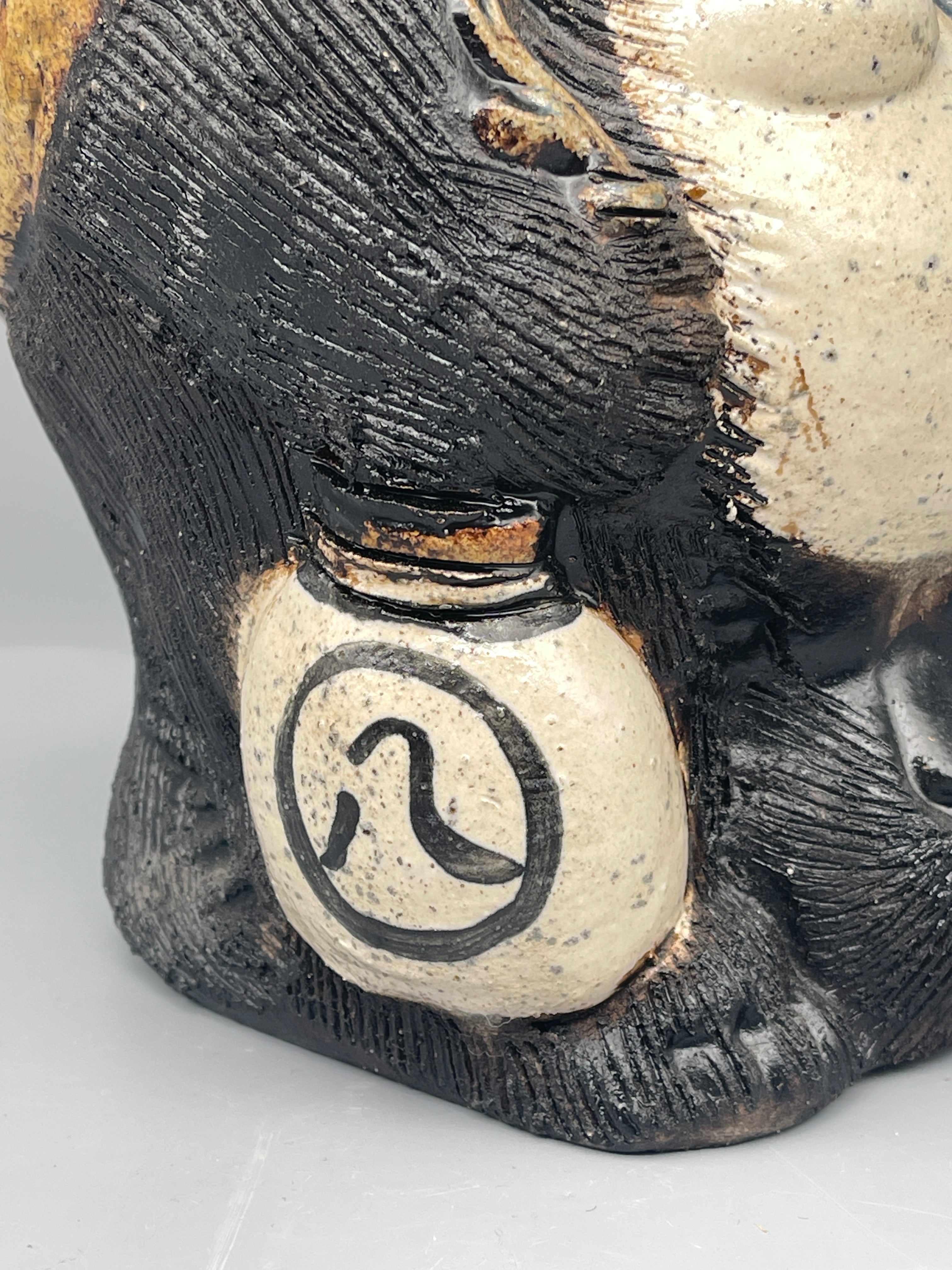 Tall Vintage Japanese Ceramic Tanuki Statue, Black & Cream